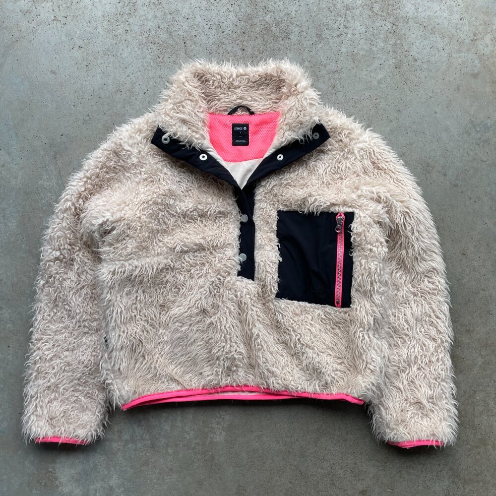 Stance Shaggy Pile Fleece Jacket Cropped Fit Size: Small Oatmeal / Pink